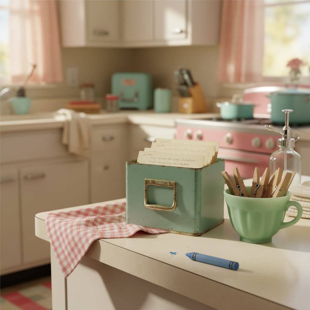 A 1950s kitchen counter with a tin recipe-card file, enamelware and a gingham tea towel